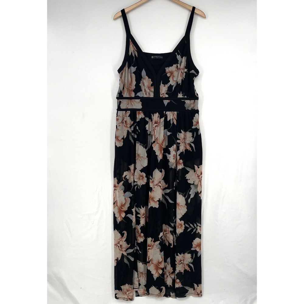 Fashion to Figure Black Floral Maxi Dress Size 2x Spaghetti Strap Bodysuit Slits